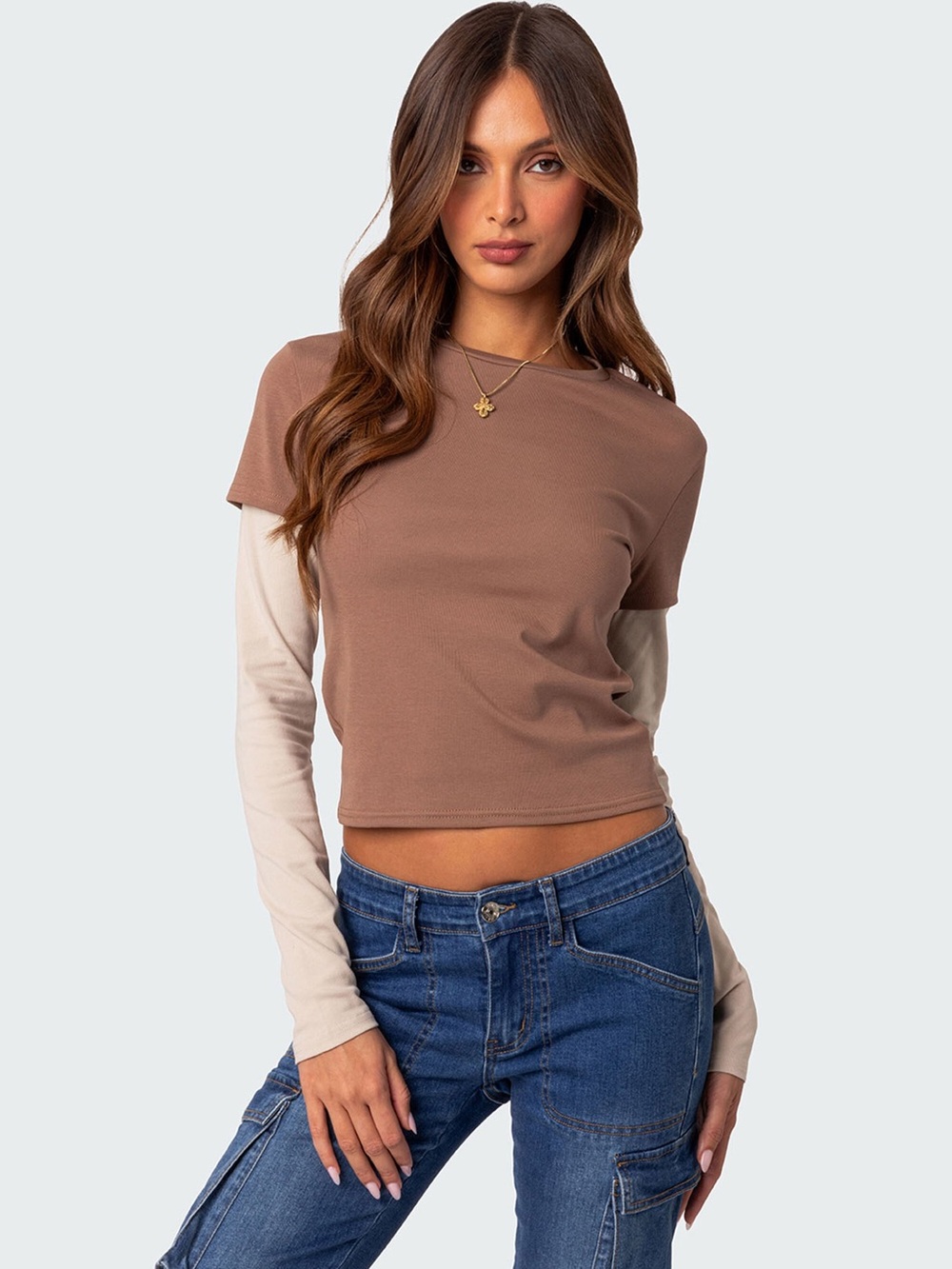 Edikted Mood Layered Long Sleeve T-Shirt Small Brown & Tan